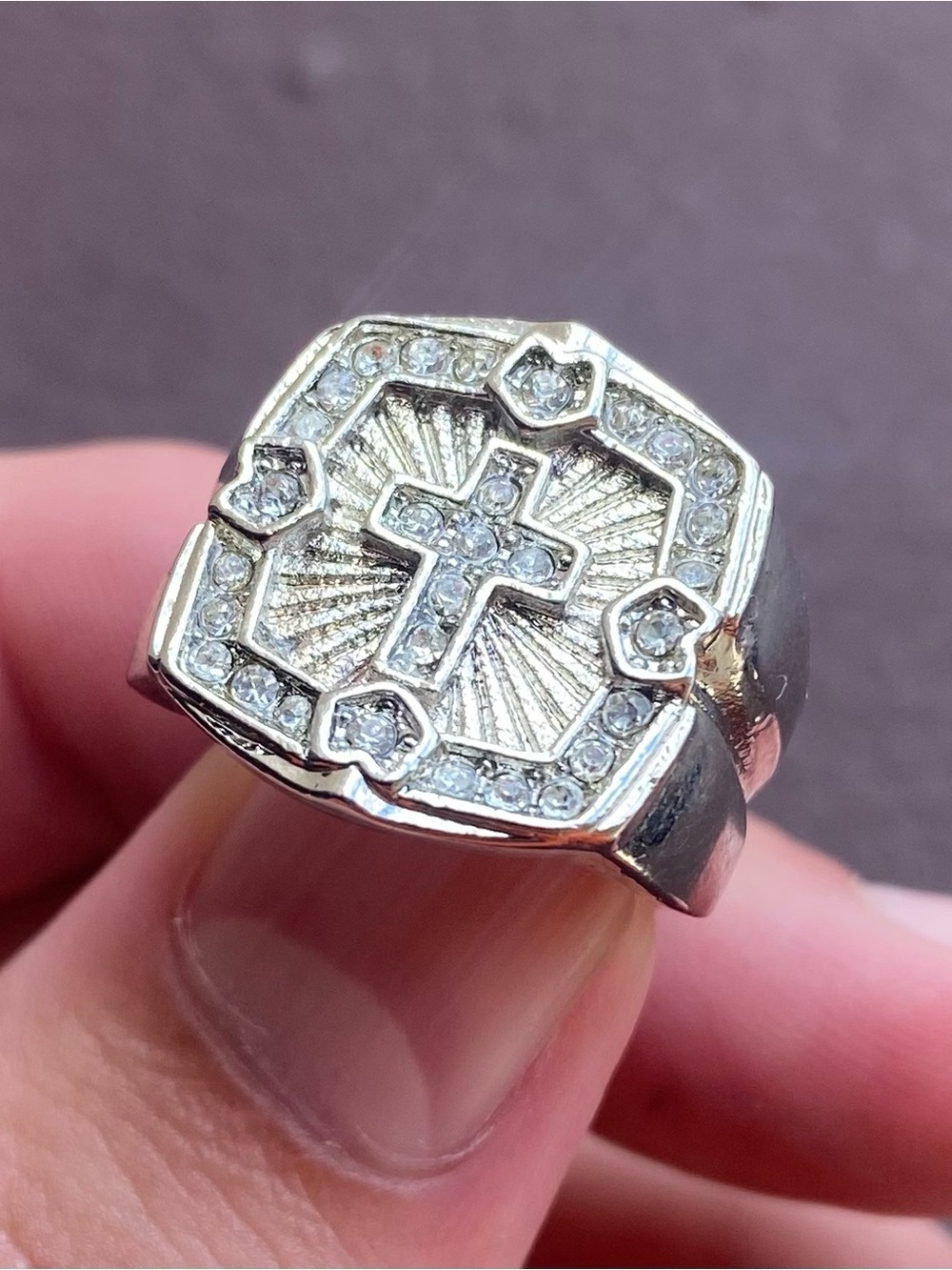 Cross Charm Cubic Zirconium Stones Statement Ring - Stainless Steel - Size: 6